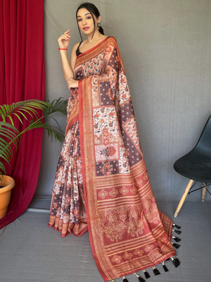 SGF11 Self Design Handloom Cotton Linen Saree(Brown)