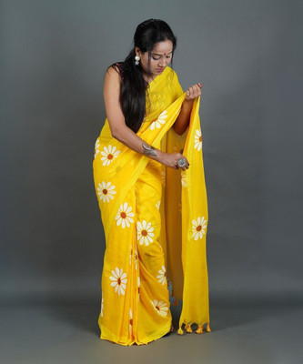 Amita Collections Printed Handloom Cotton Blend Saree(Multicolor)