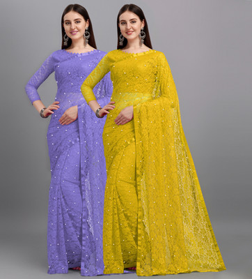 LOROFY Self Design Bollywood Net, Brasso Saree(Pack of 2, Multicolor)