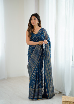 Mahadev Fashion Printed Bollywood Georgette Saree(Dark Blue)