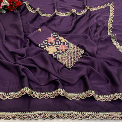 K 5 FASHION Self Design, Solid/Plain, Embroidered Bollywood Chiffon Saree(Purple)