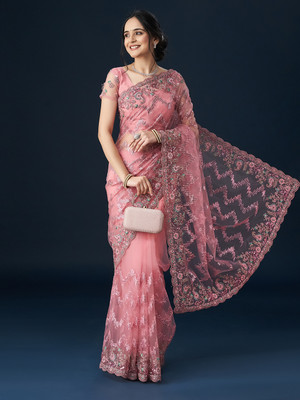 KASEE Embellished Bollywood Net Saree(Pink)