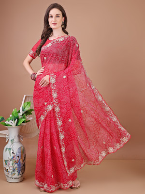 Divastri Printed Bandhani Georgette Saree(Red)