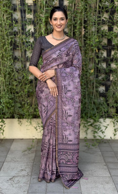 Mugdarra Floral Print Bollywood Silk Blend Saree(Purple)