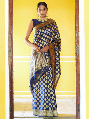 Janasya Woven, Self Design Banarasi Silk Blend Saree(Blue)