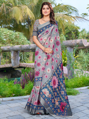 Anouk Rustic Digital Print Chinnalapattu Cotton Linen Saree(Grey)