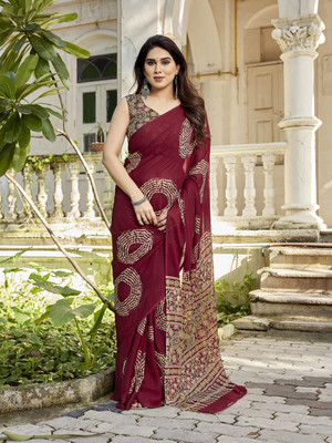THE URBAN DIVA Printed Bollywood Georgette Saree(Maroon, Cream)