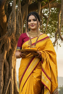 Afronza Temple Border, Striped, Embellished Sambalpuri Silk Blend, Art Silk Saree(Mustard, Red)