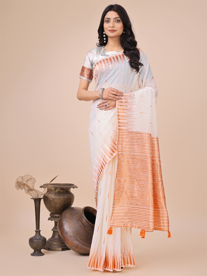 Divastri Woven Kanjivaram Cotton Linen Saree(White)