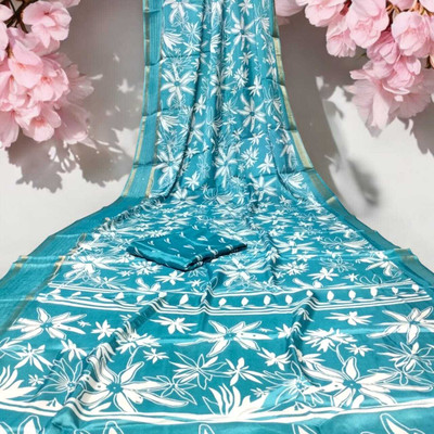 SARETRA MALL Geometric Print Leheria Cotton Linen Saree(Blue)