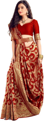 handloom paridhaan Embroidered Banarasi Handloom Silk Blend, Art Silk Saree(Red)