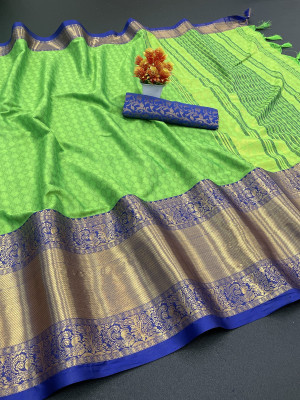 RUHKRUSH Checkered, Ombre, Paisley, Self Design Kanjivaram Cotton Silk Saree(Blue)