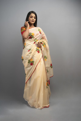 DHRUV CREATION Embroidered Chanderi Chanderi Saree(Cream)