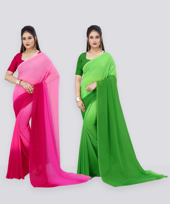 Anand Sarees Solid/Plain Bollywood Georgette Saree(Pack of 2, Green, Pink)