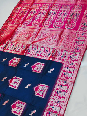 Shampas World Woven Baluchari Silk Blend Saree(Dark Blue)