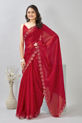 Sajavat Solid/Plain, Embellished, Self Design, Woven Bollywood Satin Saree(Red)
