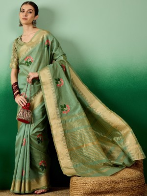 Tasrika Embroidered Assam Silk Cotton Silk Saree(Green)