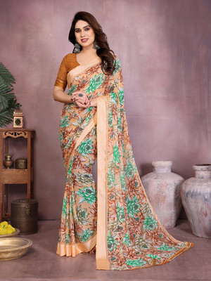 Moda Rapido Embellished, Floral Print Bollywood Georgette, Satin Saree(Orange)