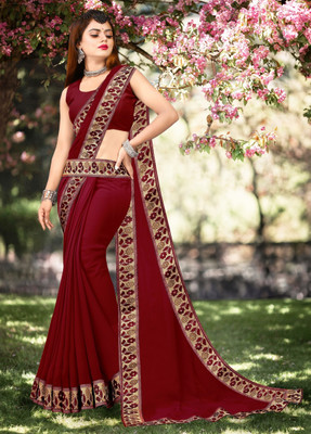 Offirra International Embroidered Banarasi Lycra Blend, Chiffon Saree(Maroon, Gold)