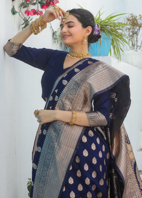 COSBILA FASHION Woven Banarasi Silk Blend Saree(Dark Blue)