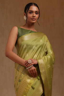 soch Printed Saree with Attached Blouse Tussar Silk Saree(Light Green)