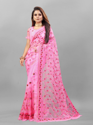 Julee Embroidered Bollywood Net Saree(Pink)