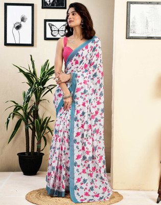 Satrani Floral Print, Geometric Print, Printed Daily Wear Pure Cotton Saree(White, Grey, Pink)