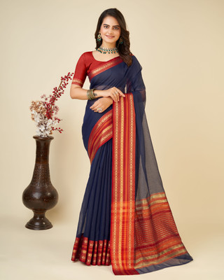 VERAFASHION Woven Bollywood Cotton Silk Saree(Dark Blue)