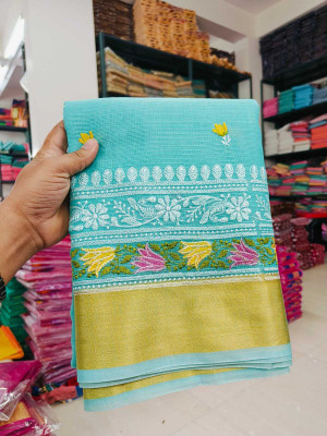 LYANNA Embroidered, Floral Print, Self Design Bollywood Handloom Cotton Silk Saree(Green)