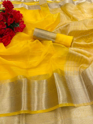 movaliya brothers Printed Banarasi Organza Saree(Multicolor)