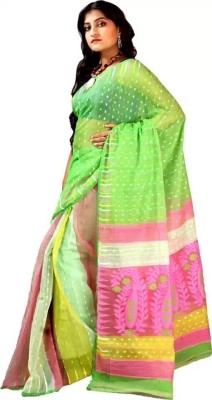 M STORE Embroidered Jamdani Cotton Silk Saree(Green)