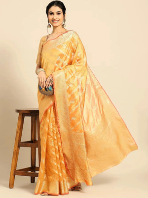 SHRIMAY Floral Print Bollywood Net, Organza Saree(Mustard)