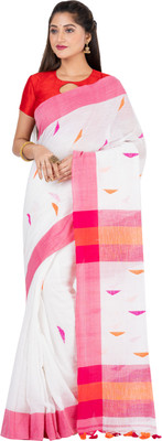 SAYAN CREATION Self Design Handloom Pure Cotton Saree(White)