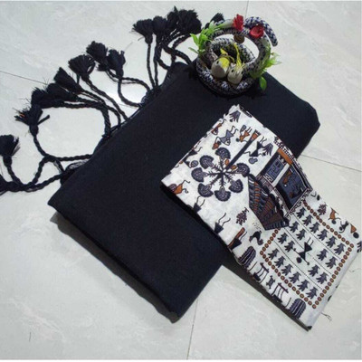 TARAMAACREATION Printed Kalamkari Handloom Pure Cotton Saree(Black)