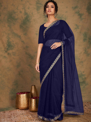 JSItaliya Solid/Plain Bollywood Net Saree(Dark Blue)