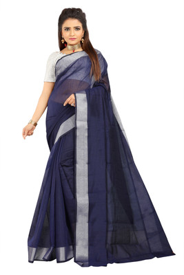 JS Clothing Mart Solid/Plain Banarasi Cotton Silk Saree(Blue)