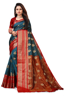 SHREE NATH CREATION Self Design, Solid/Plain Banarasi Cotton Silk, Silk Blend Saree(Dark Blue)