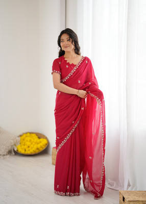 PANZORA Embroidered Lucknow Chikankari Georgette Saree(Pink)
