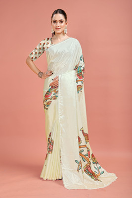 Rashmi Sarees Digital Print Bollywood Silk Blend Saree(White)