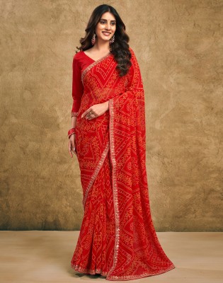 Divastri Printed, Embellished, Self Design Bandhani Georgette, Lace Saree(Red)