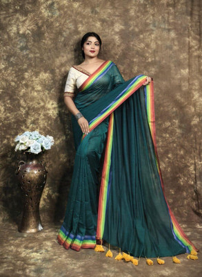 TAJS TEXTILE Solid/Plain, Self Design, Woven Handloom Cotton Blend Saree(Multicolor)