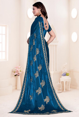 ZOYAL ENTERPRISE Embroidered Bollywood Silk Blend Saree(Dark Blue)