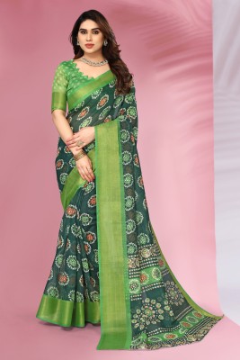 Divastri Geometric Print Daily Wear Cotton Blend Saree(Dark Green)