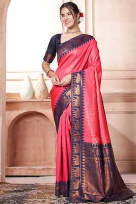 ROOP LAVANYA Woven Kanjivaram Jacquard, Art Silk Saree(Pink, Dark Blue)