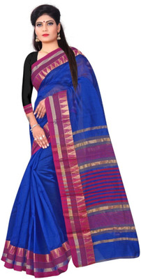 Matangi Exporter Self Design Banarasi Cotton Blend Saree(Blue)