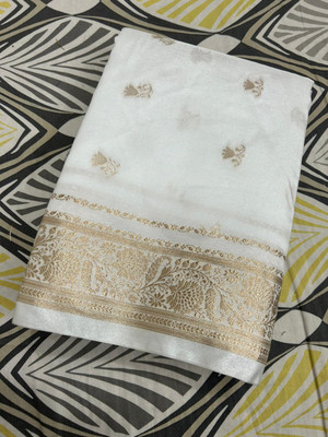 Montauk Fabians Woven, Temple Border Banarasi Pure Silk, Satin Saree(White)