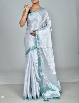 NAMITASAREES Solid/Plain Handloom Tissue Saree(White)