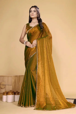 HouseOfCommon Solid/Plain Bollywood Chiffon, Pure Silk Saree(Gold)