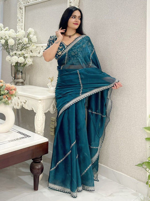 ANOUK Embroidered Saree with Attached Blouse Organza Saree(Blue)
