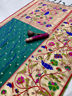 HouseOfCommon Woven Paithani Cotton Silk Saree(Green)